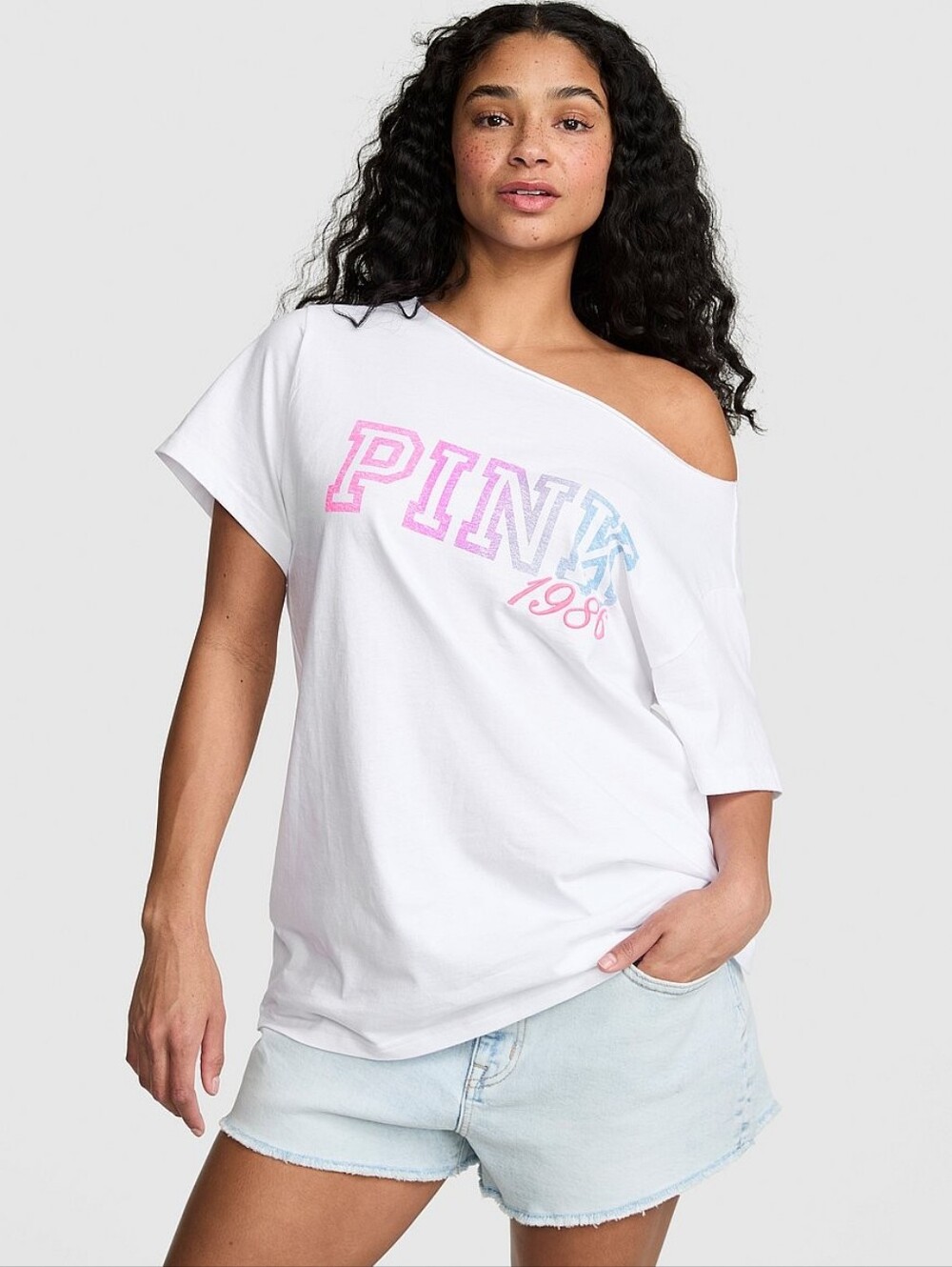 Victoria Secret Pink Campus Cotton Off The Shoulder Tee Women's